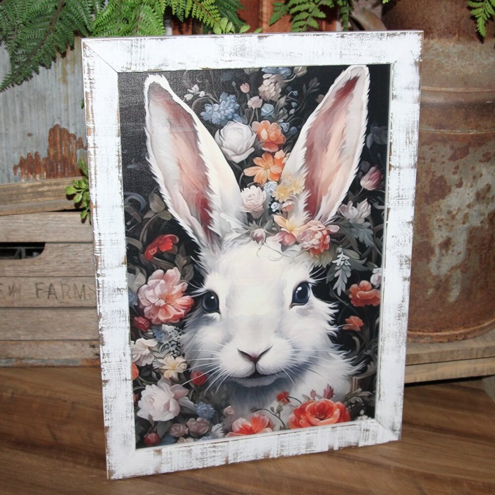 NEW Large French Country Farmhouse White Bunny Rabbit & Floral Wall Decor Art